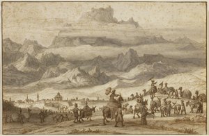 Noahs Ark på Mount Ararat, et kameltog utenfor byen Jerevan i forgrunnen, ca. 1690 (penn og brunt blekk med brune, grå og gule vasker på lagt papir)